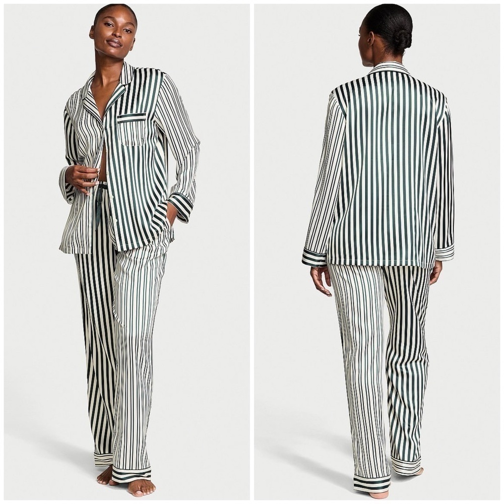 NWT Victorias Secret Satin Pajama Set Long Sleeve Button Top Pants Green Stripe